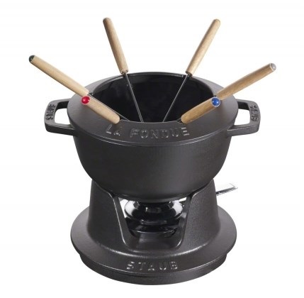 STAUB Set Fonduta Gourmet Nero, Ø 18 cm, 1,6 L, con 6 Forchette - Adatto per Fonduta di Formaggio, Cioccolato e Carne