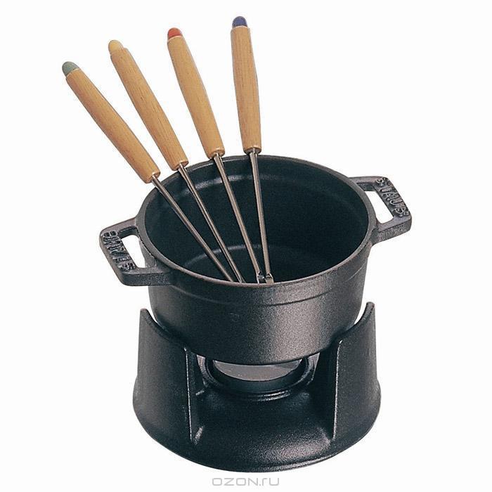 Staub Specialities Mini Set Fonduta 0,25 L in Ghisa Nero - 7 Pezzi, Ideale per Fonduta di Cioccolato e Formaggio