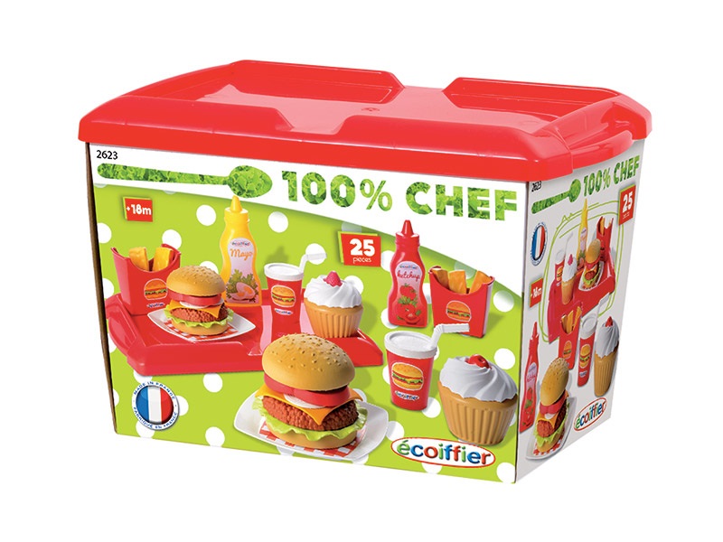 ECOIFFIER 2623 Set da Gioco Fast Food con 32 Pezzi - Hamburger, Patatine, Bibite e Condimenti