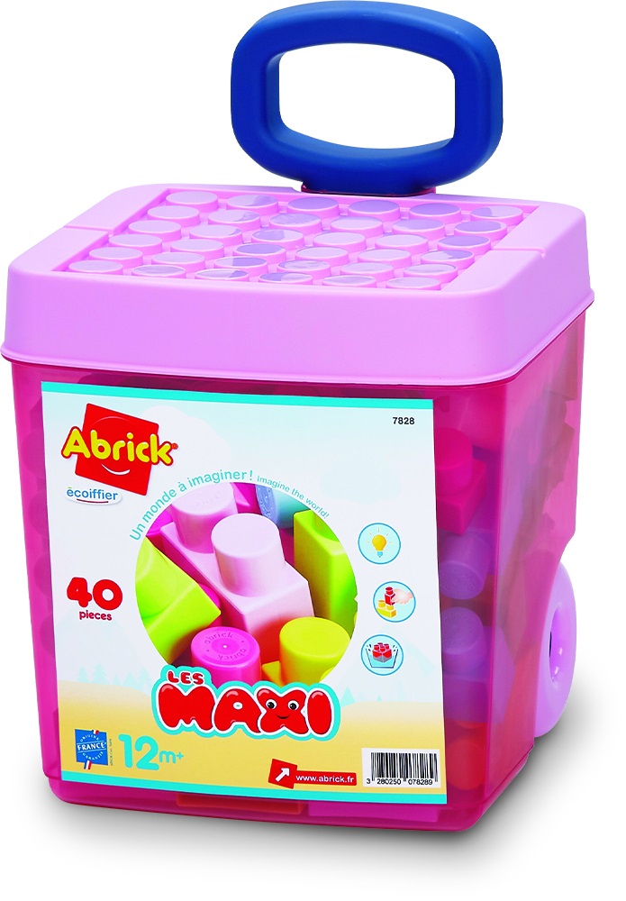 Ecoiffier Carrello Rolly Rosa con 40 Mattoncini Maxi - Gioco di Costruzione per Bambini a Partire dai 12 Mesi