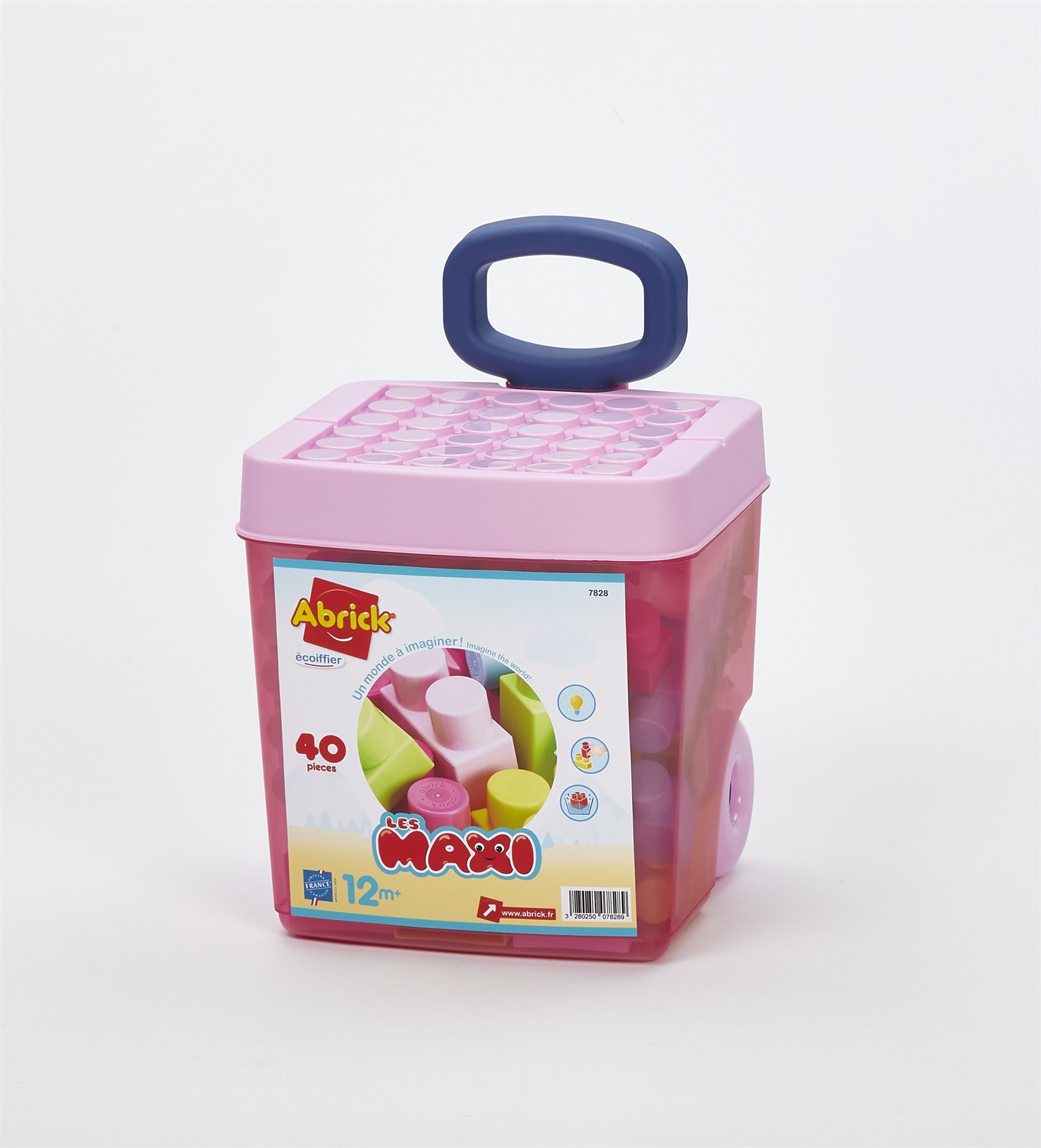 Ecoiffier Carrello Rolly Rosa con 40 Mattoncini Maxi - Gioco di Costruzione per Bambini a Partire dai 12 Mesi