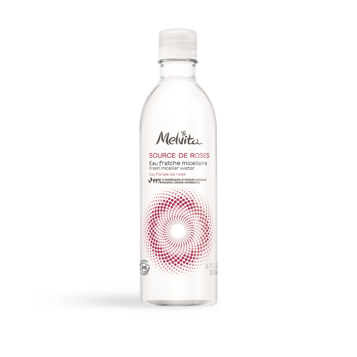 Melvita Acqua Micellare Source de Roses 200ml - Formula Vegana, 99% Naturale, Certificata Biologica, Deterge e Strucca Delicatamente le Pelli Sensibili