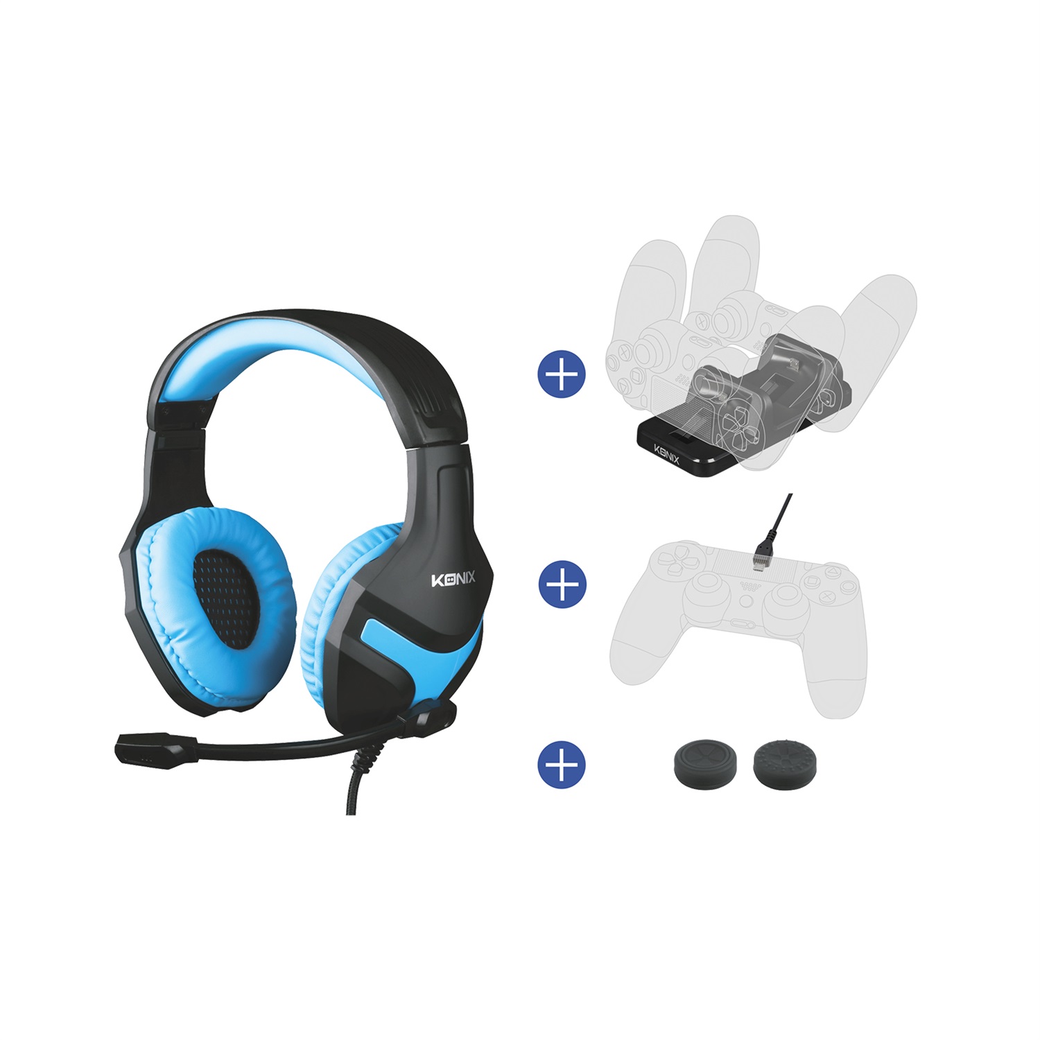Konix Mythics Pack - Set di Accessori Gaming per PS4: Cuffie PS-400, Stazione di Ricarica Doppia, Cavo USB da 3m e Grippy per Analogici