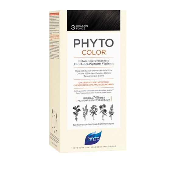 Phyto Phytocolor Kit Colorazione Permanente 3 Castano Scuro - Senza Ammoniaca, Pigmenti Vegetali, Copertura 100% Capelli Bianchi