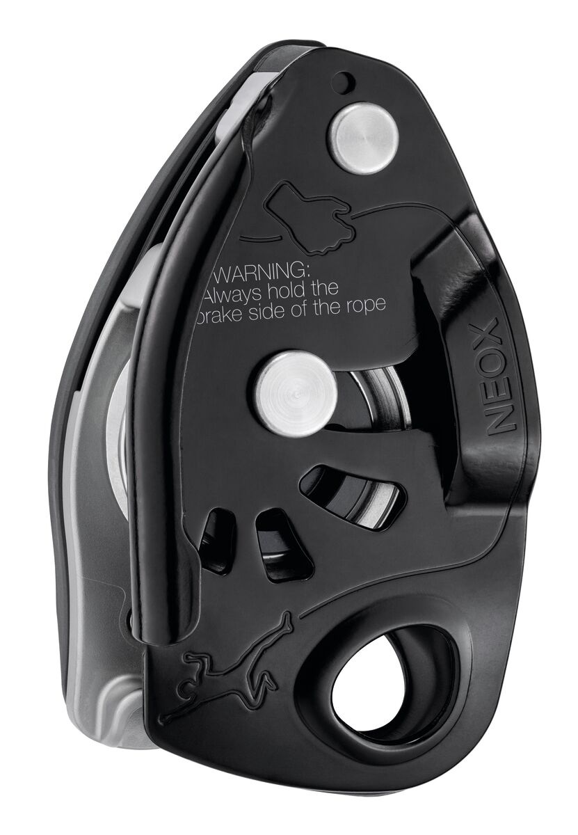Petzl Neox Assicuratore con Bloccaggio Assistito - Ottimizzato per Arrampicata da Primo, Unica, Nero/Grigio/Arancione