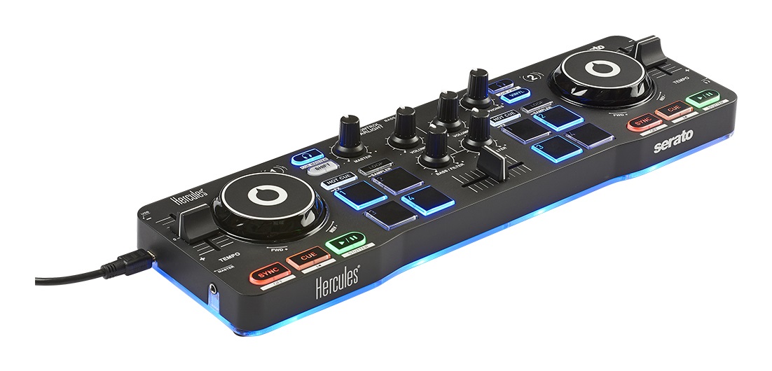 Hercules DJControl Starlight - Controller USB DJ Portatile a 2 Canali con 8 Pads, Interfacce Audio Integrate e Serato DJ Lite