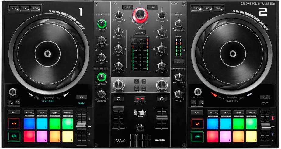 Hercules DJControl Inpulse 500 - Controller DJ USB a 2 canali con interfaccia audio integrata, 16 pad RGB retroilluminati e controllo DVS (Digital Vinyl System) - Nero