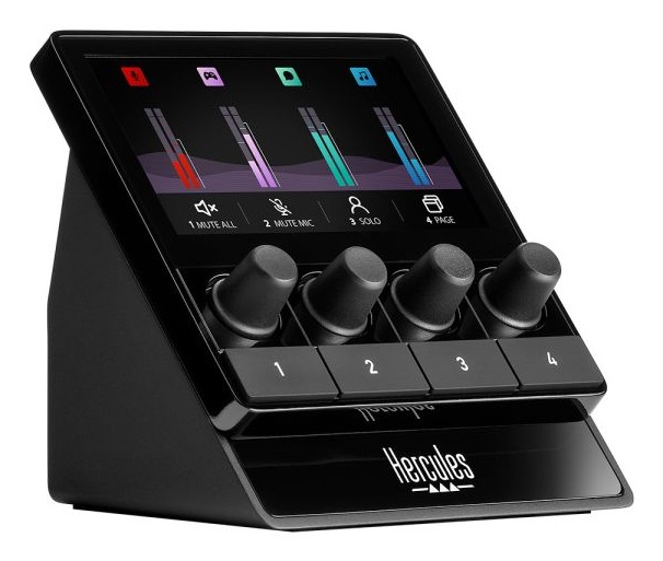 Hercules Stream 100 - Controller Audio Nero con 4 Pulsanti, Schermo LCD e Gestione Fino a 8 Tracce