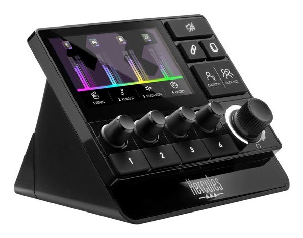 Hercules Stream 200 XLR - Controller Audio Professionale Nero con Preamplificazione del Microfono, Schermo LCD e 9 Pulsanti