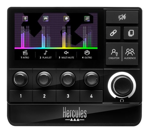 Hercules Stream 200 XLR - Controller Audio Professionale Nero con Preamplificazione del Microfono, Schermo LCD e 9 Pulsanti