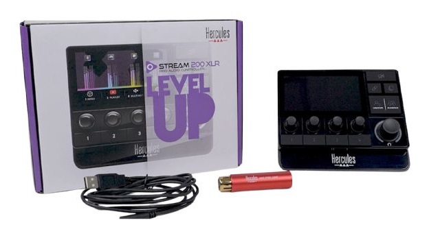 Hercules Stream 200 XLR - Controller Audio Professionale Nero con Preamplificazione del Microfono, Schermo LCD e 9 Pulsanti