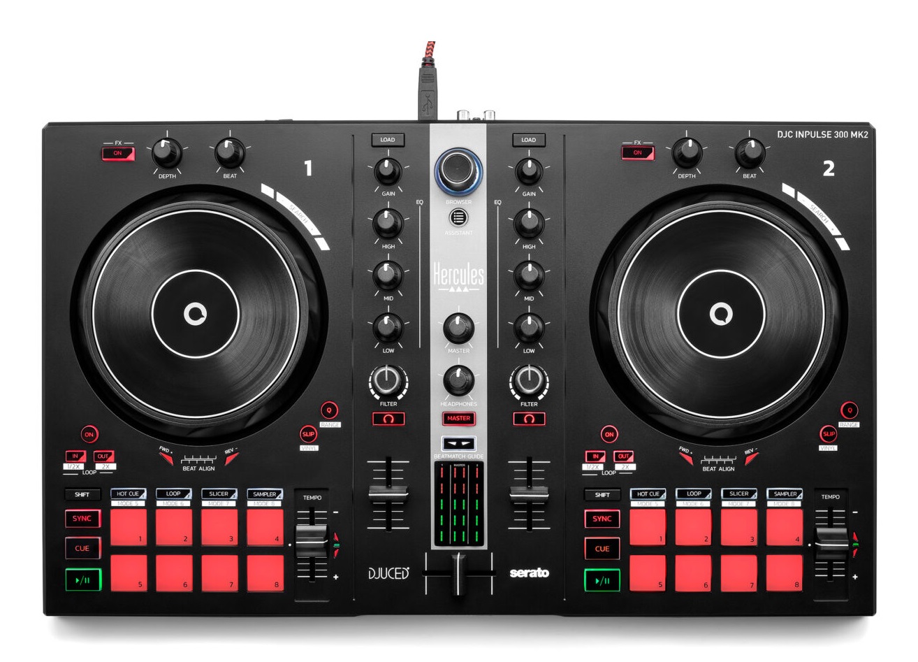 Hercules DJControl Inpulse 300 MK2 - Mixer DJ USB 2 Canali con 16 Drum Pad, Funzione Beatmatch Guide, Compatibile con Serato DJ Lite e DJUCED, Colore Nero/Rosso