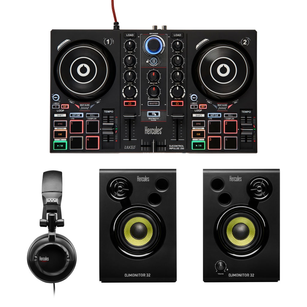 Hercules DJ Learning Kit MK2 - Kit All-in-One per Imparare a Mixare con DJControl Inpulse 200, Cuffie HDP DJ45 e Altoparlanti DJMonitor 32 - Nero