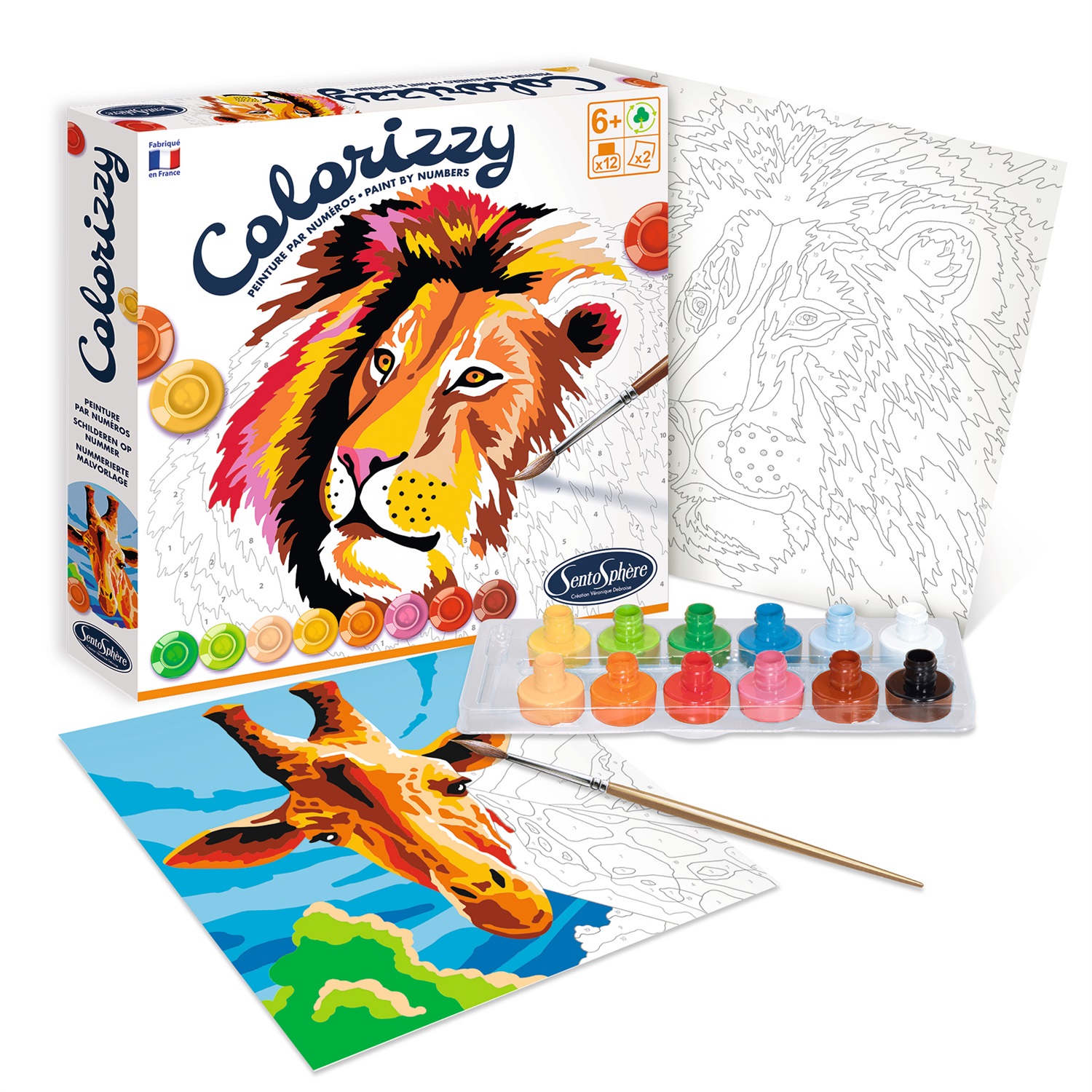 SentoSphere Colorizzy Dipingi con i Numeri - Kit Creativo Multicolore per Bambini con Motivi di Leone e Giraffa, Set da 14 Pezzi