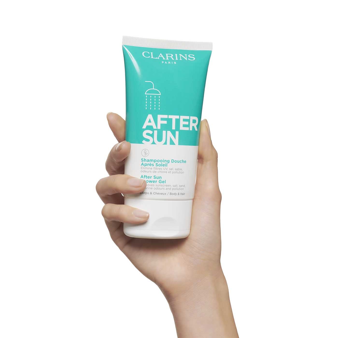 Clarins Shampooing Douche Après Soleil 150 ml - Gel Detergente 3 in 1 per Viso, Corpo e Capelli, Elimina Inquinamento e Odori, Non Secca