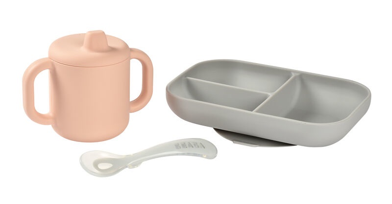 Béaba Set Pasti per Bambini in Silicone - 3 Pezzi: Piatto Diviso, Tazza e Cucchiaio, Lavabile in Lavastoviglie e Adatto a Microonde, Rosa