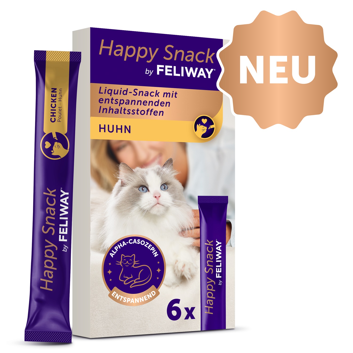 FELIWAY Happy Snack per Gatti al Pollo - 6 Stick (90 g) - Snack Cremoso con Alfa-Casozepina per Rilassare il Tuo Gatto