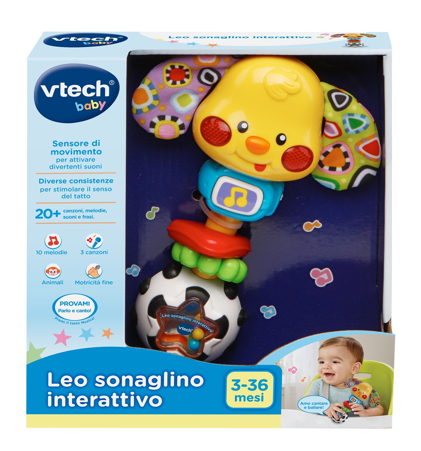 VTech Baby Leo Sonaglino Interattivo - Sonaglio Neonato con Pulsante Luminoso, 15 Melodie, 35 Frasi, Spegnimento Automatico, Lingua Italiana, Batterie Incluse, 3-36 Mesi