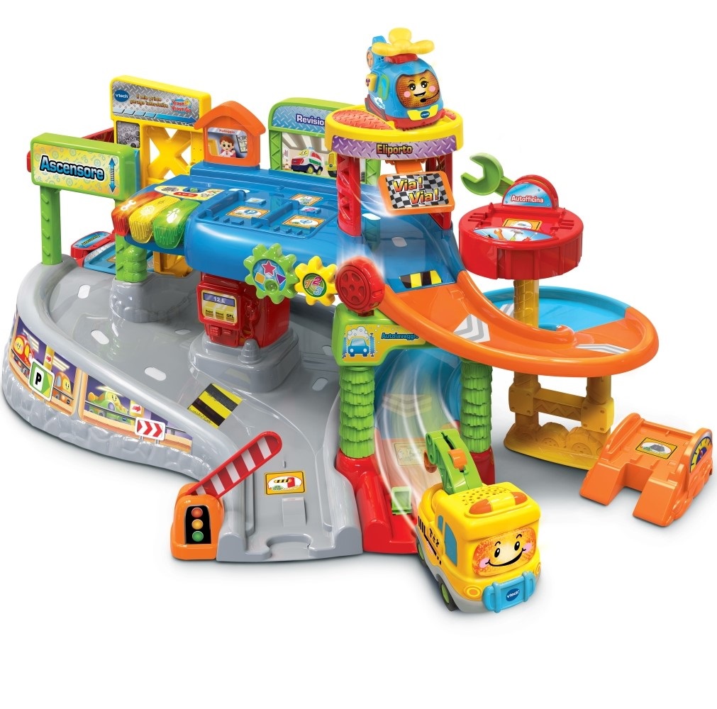VTech Vroom Vroom Go - Il Mio Primo Garage Interattivo con Veicolo Elettronico, Pista Macchinine e Garage Parlante per Bambini 1-5 Anni