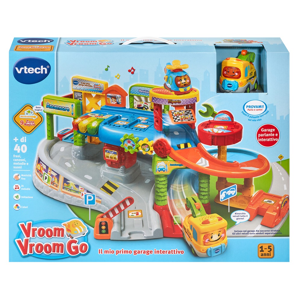 VTech Vroom Vroom Go - Il Mio Primo Garage Interattivo con Veicolo Elettronico, Pista Macchinine e Garage Parlante per Bambini 1-5 Anni