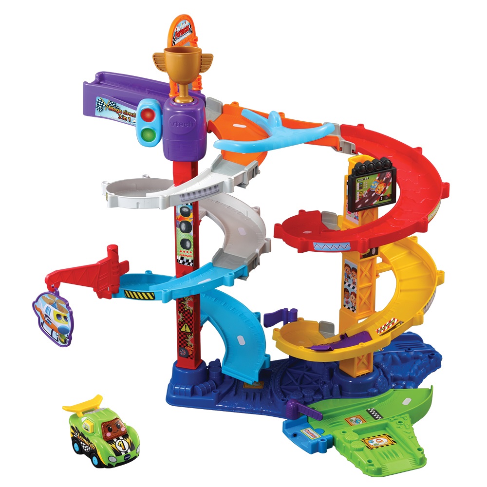 VTech Vroom Vroom Go - Mega Circuito 2 in 1, Pista Macchinine a Spirale con 5 Zone Magiche, 2 Configurazioni per Giocare Seduti o In Piedi, Incluso Veicolo, Lingua Italiana, 1-5 Anni
