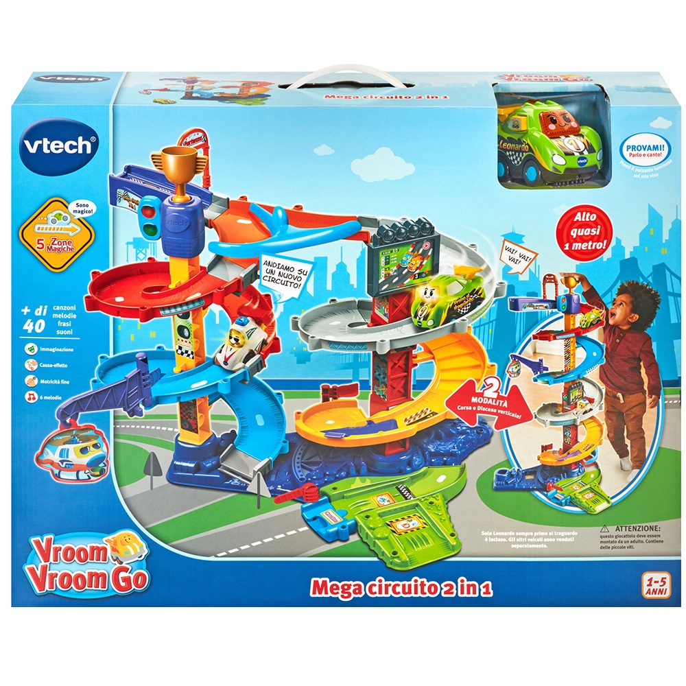 VTech Vroom Vroom Go - Mega Circuito 2 in 1, Pista Macchinine a Spirale con 5 Zone Magiche, 2 Configurazioni per Giocare Seduti o In Piedi, Incluso Veicolo, Lingua Italiana, 1-5 Anni