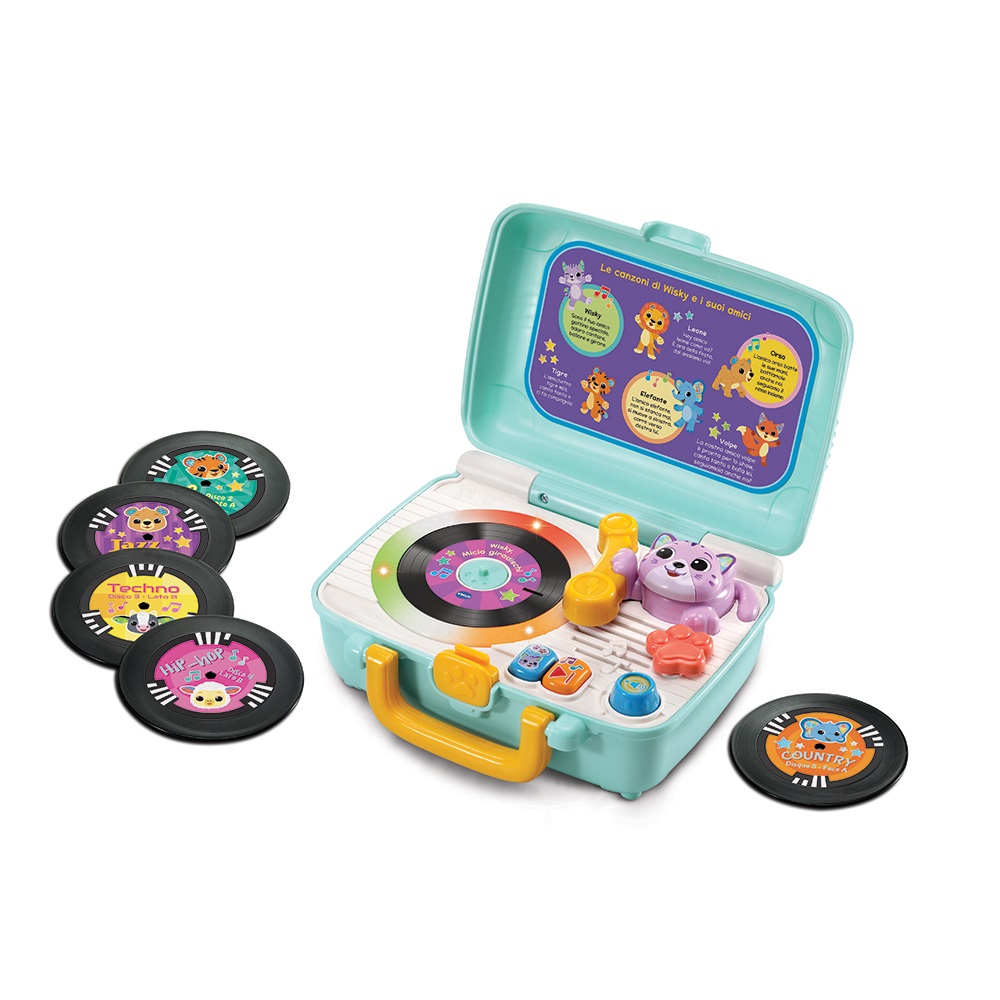 VTech Wisky Micio Giradischi - Giradischi Educativo per Bambini con 5 Dischi Fronte-Retro, Regolazione Volume, Valigetta Inclusa, 6 Canzoni, Lingua Italiana, Batterie Incluse, 1-4 Anni