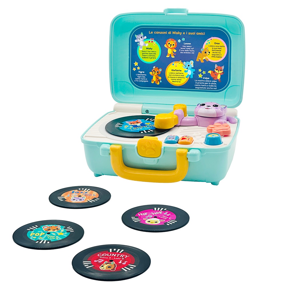 VTech Wisky Micio Giradischi - Giradischi Educativo per Bambini con 5 Dischi Fronte-Retro, Regolazione Volume, Valigetta Inclusa, 6 Canzoni, Lingua Italiana, Batterie Incluse, 1-4 Anni