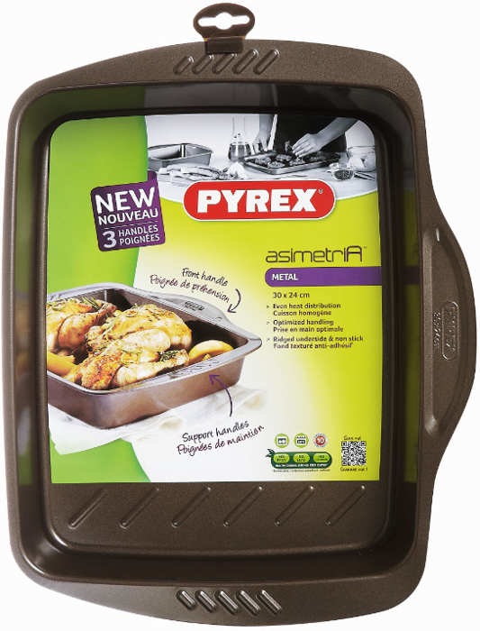 Pyrex AS30RR0Y6146 Teglia da Forno Rettangolare in Metallo Antiaderente 30x24 cm con Maniglia XL - Colore Marrone