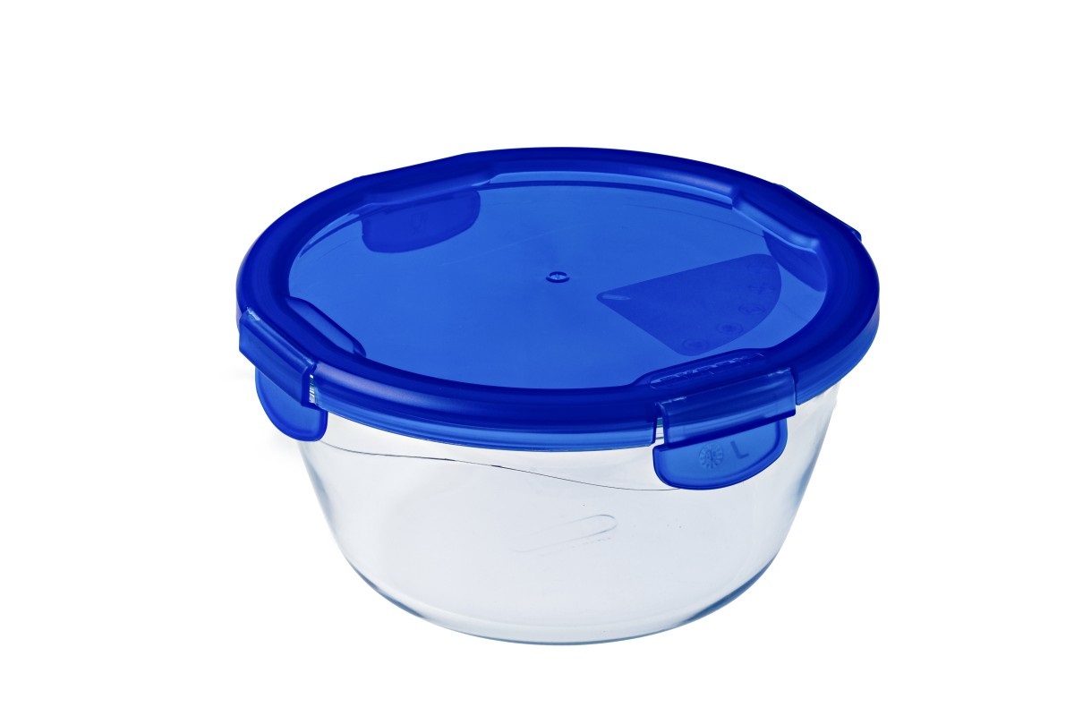 Pyrex Cook & Go Contenitore Tondo in Vetro Borosilicato con Coperchio Ermetico 0,7 L - Diametro 15 cm, Trasparente e Blu