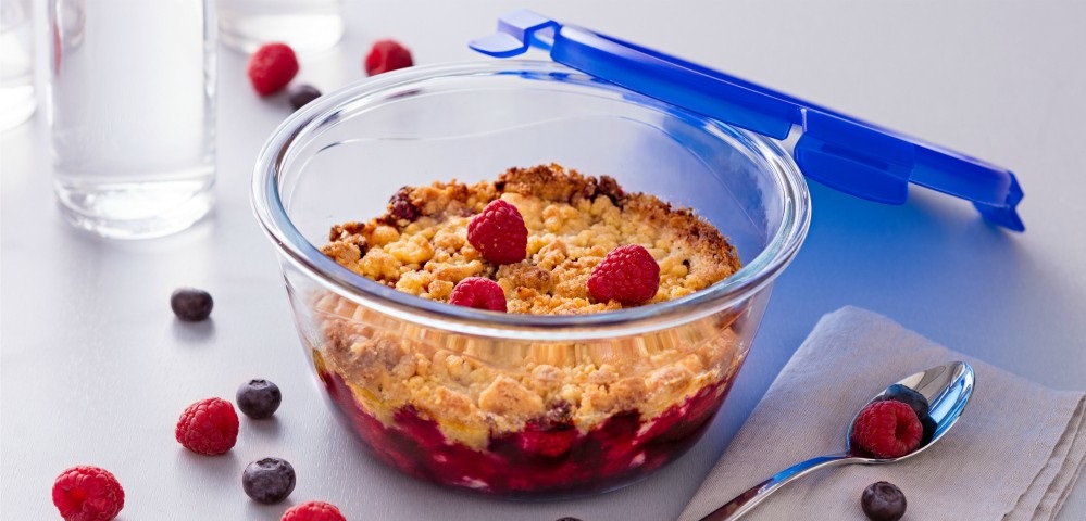 Pyrex Cook & Go Contenitore Tondo in Vetro Borosilicato con Coperchio Ermetico 0,7 L - Diametro 15 cm, Trasparente e Blu