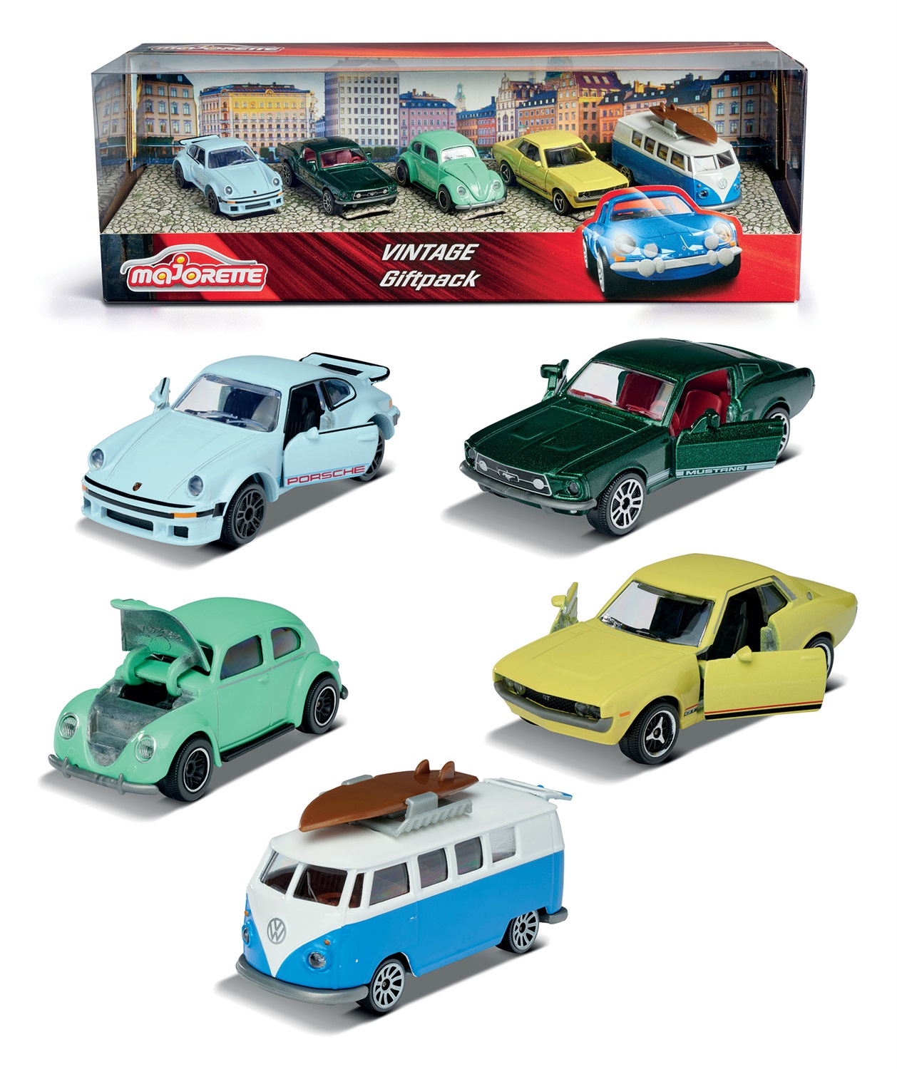 Smoby 212052013 Giftpack Vintage Cars - Set di 5 veicoli die-cast, ruota libera, scala 1:64, 3 anni