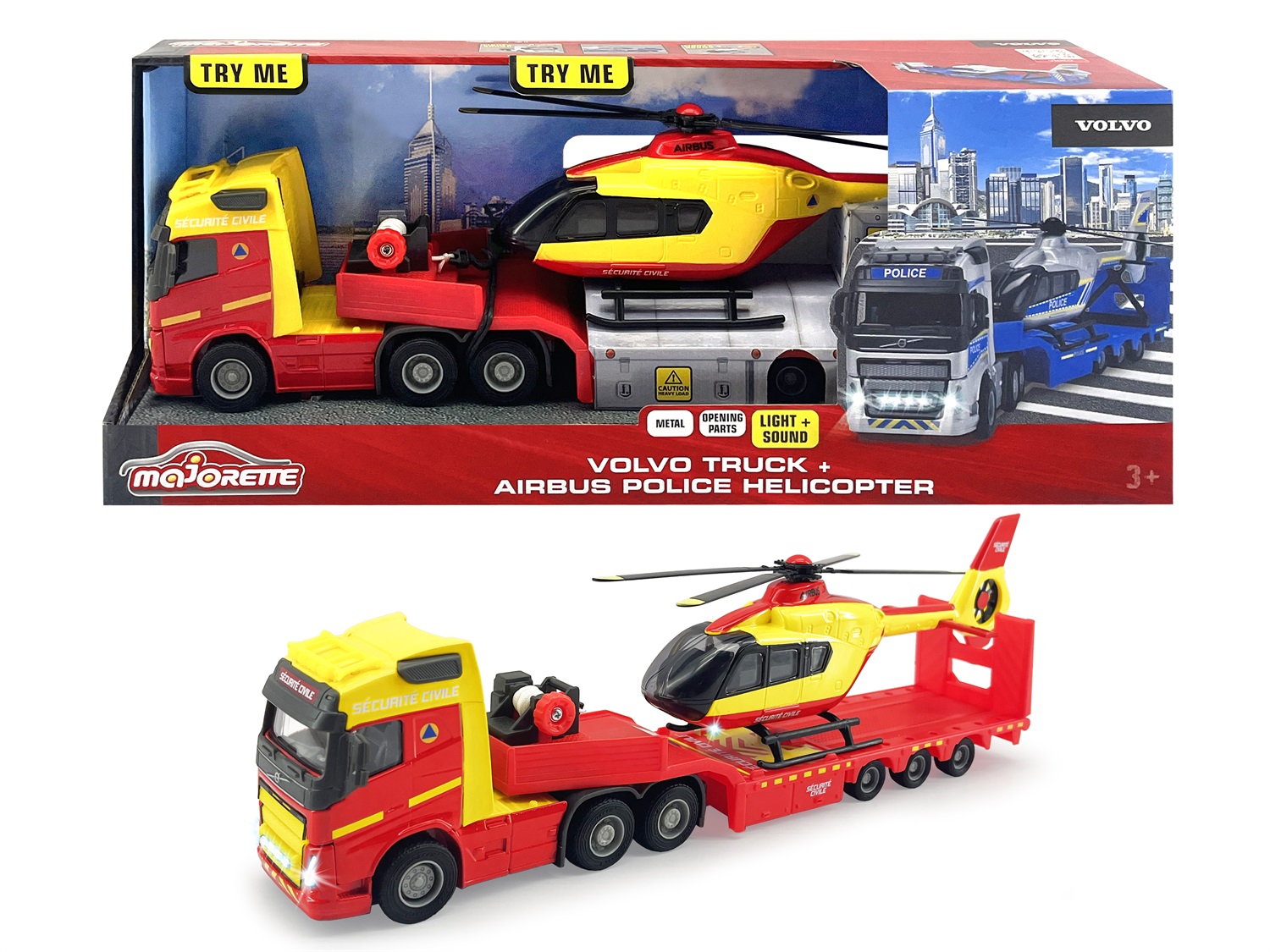 Majorette Grand Series - Camion Volvo con Elicottero della Polizia 35 cm, Scala 1/43, con Suoni e Luci, per Bambini da 3 Anni