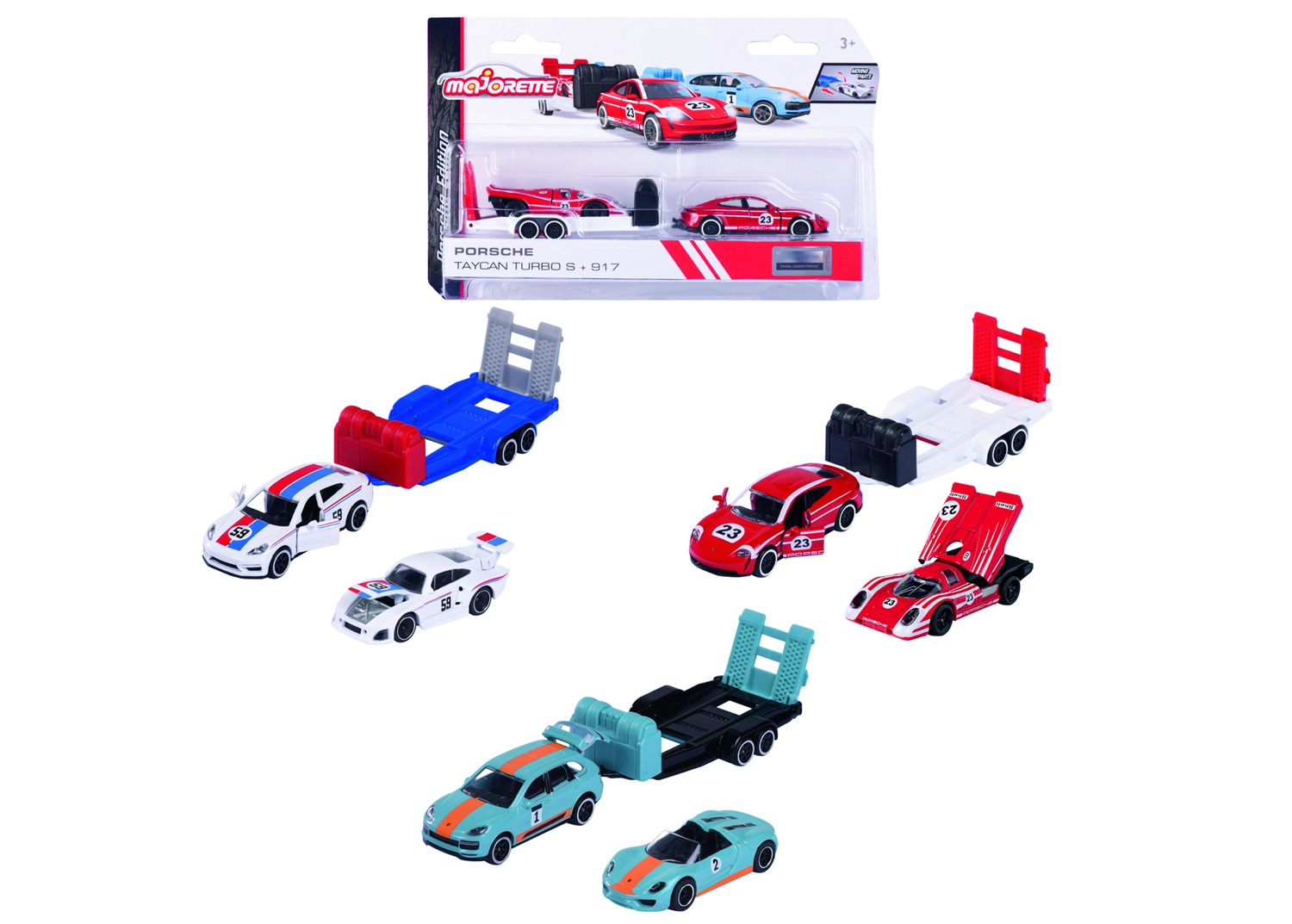 Majorette - Porsche Race Trailer Set 1:64 con 3 modelli di auto, da 3 anni