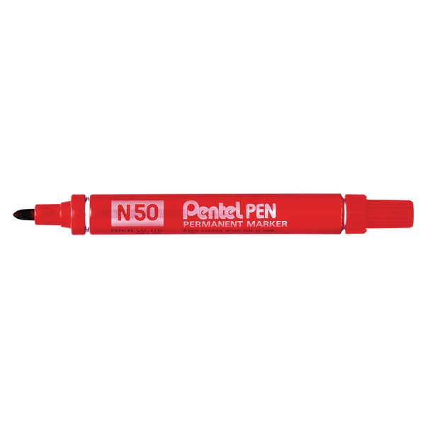 Pentel N50 Marcatore Permanente Rosso con Punta Conica 4,3 mm - Fusto in Metallo, Alta Indelebilità, Lunghezza di Scrittura 1000 m
