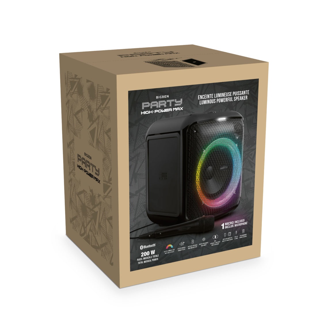 Bigben PARTYBTHPMAX - Altoparlante luminoso wireless 200W con Bluetooth 5.3, USB, SD, Aux-In e Microfono per Karaoke