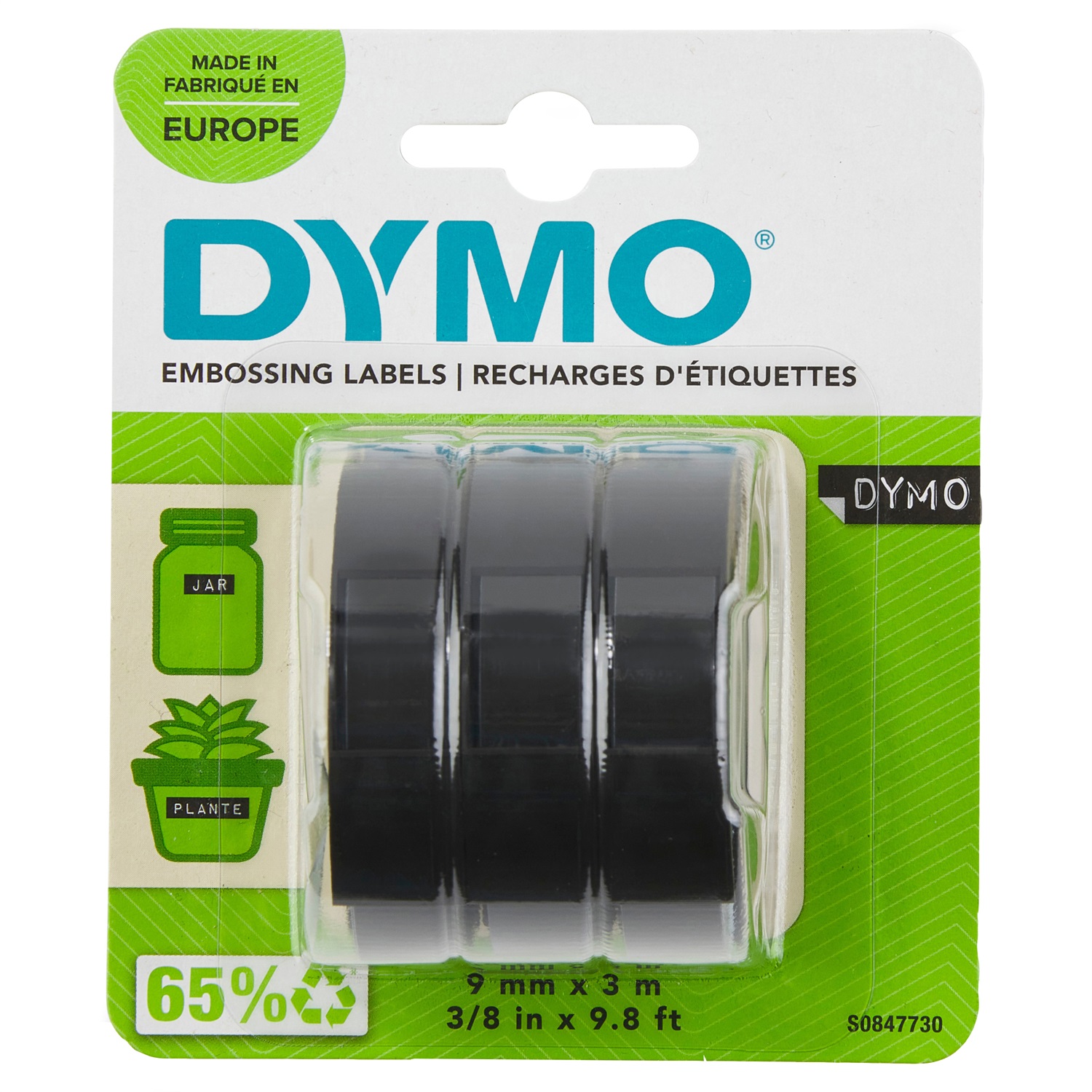 Dymo Nastro a Rilievo in Vinile 9 mm x 3 m Nero - Blister da 3 Pezzi, Resistente agli Agenti Chimici e all'Umidità