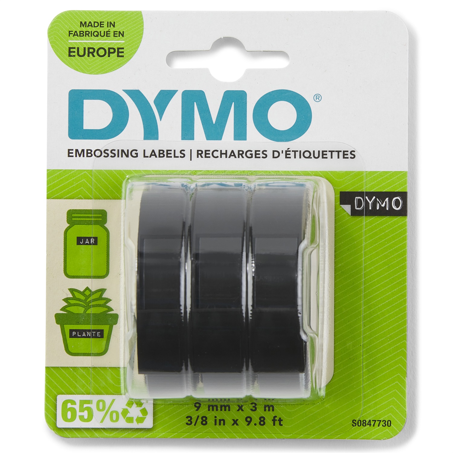 Dymo Nastro a Rilievo in Vinile 9 mm x 3 m Nero - Blister da 3 Pezzi, Resistente agli Agenti Chimici e all'Umidità