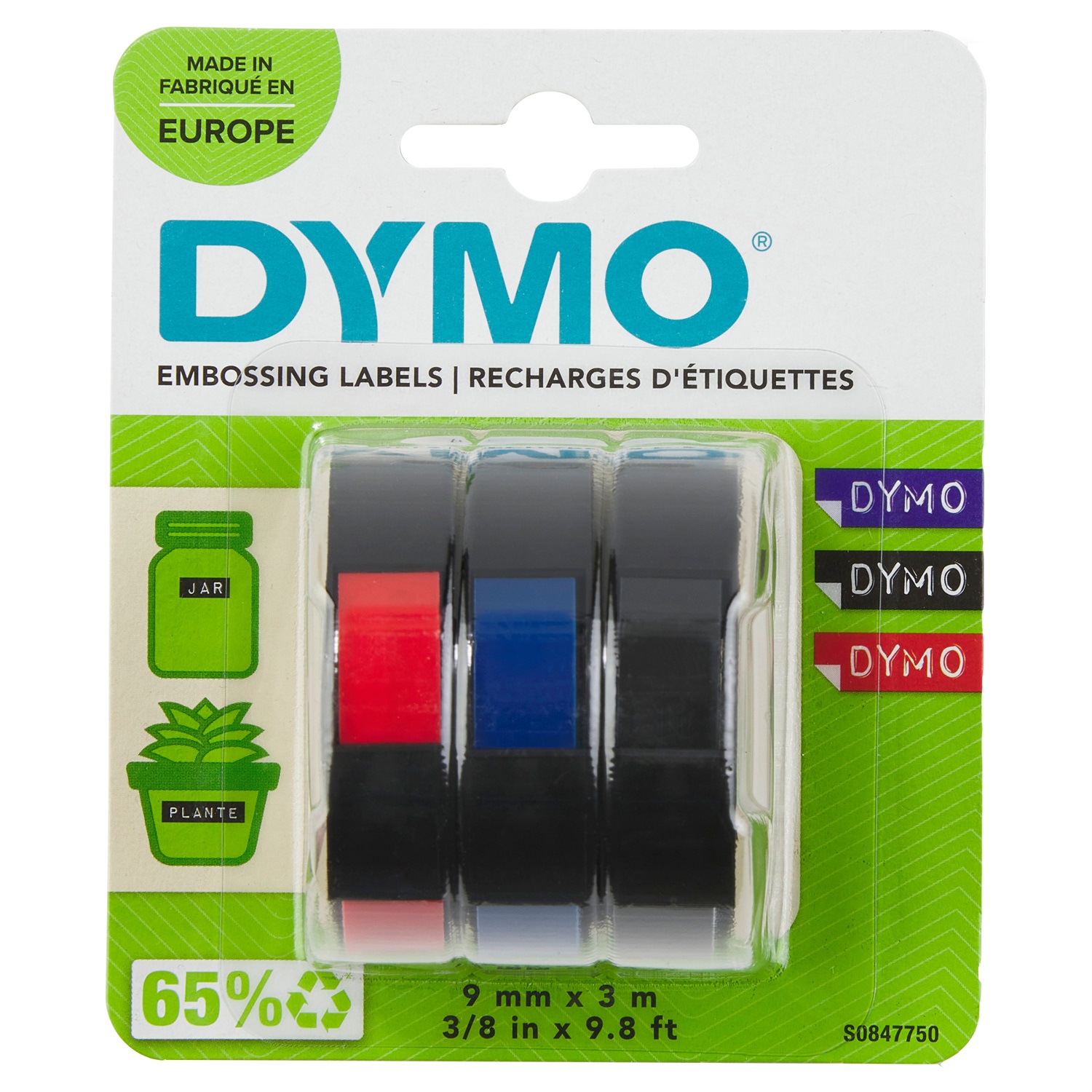 DYMO Nastri a rilievo in vinile 9 mm x 3 m - Blister da 3 pezzi assortiti (bianco/blu, bianco/nero, bianco/rosso) - Compatibili con etichettatrici Dymo Junior e Omega