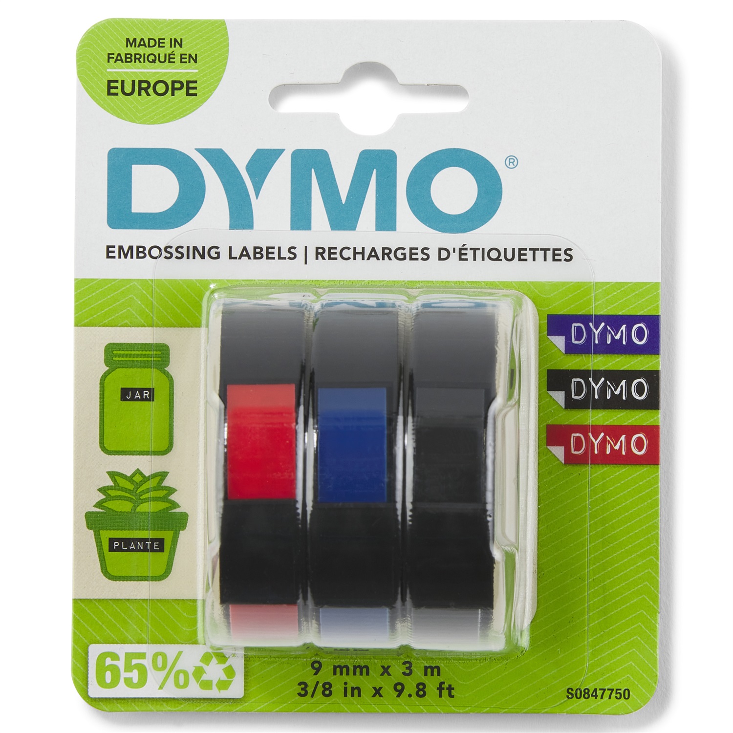 DYMO Nastri a rilievo in vinile 9 mm x 3 m - Blister da 3 pezzi assortiti (bianco/blu, bianco/nero, bianco/rosso) - Compatibili con etichettatrici Dymo Junior e Omega