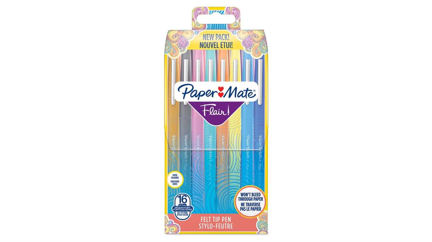 Paper Mate Flair Penna con Punta in Fibra Media, Colori Assortiti, Confezione da 16 Pezzi