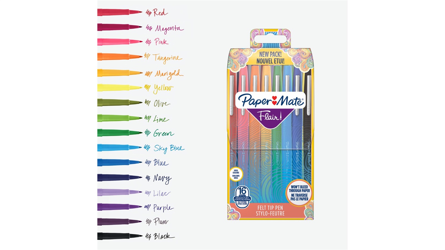 Paper Mate Flair Penna con Punta in Fibra Media, Colori Assortiti, Confezione da 16 Pezzi
