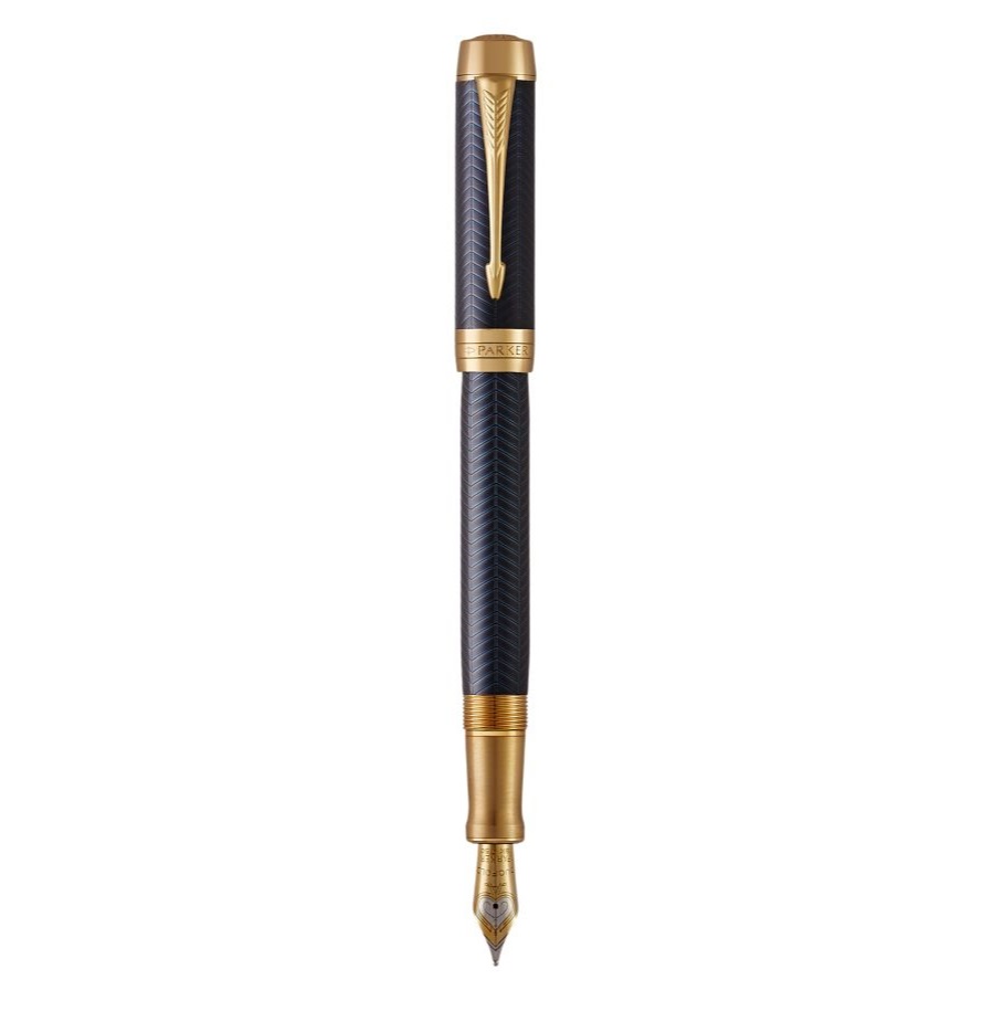 Parker Duofold Prestige Blue Chevron Centennial - Penna stilografica in oro puro con inchiostro nero e adattatore
