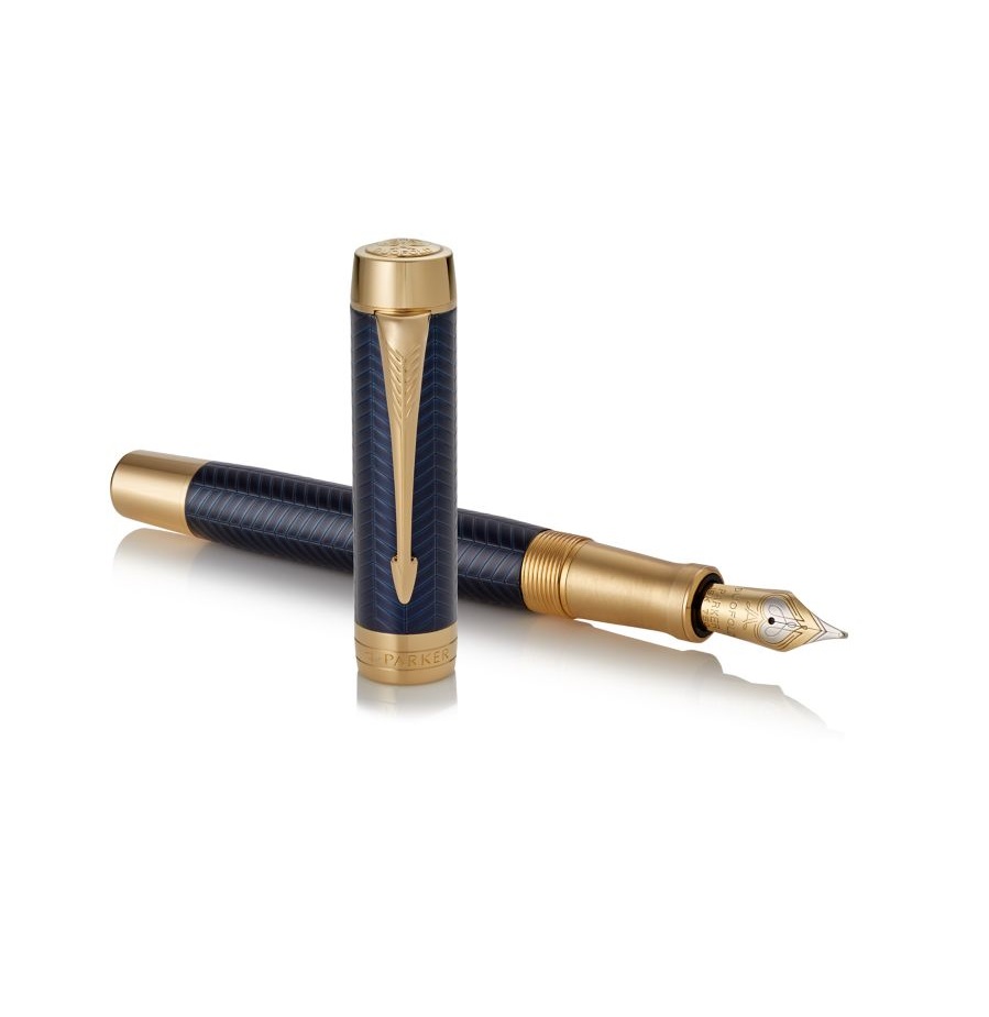 Parker Duofold Prestige Blue Chevron Centennial - Penna stilografica in oro puro con inchiostro nero e adattatore