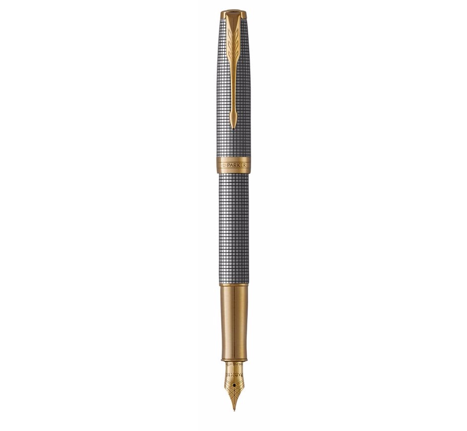 Parker Sonnet Penna Stilografica Argento Sterling Ciselé F - Inchiostro Nero, Dettagli Placcati in Oro