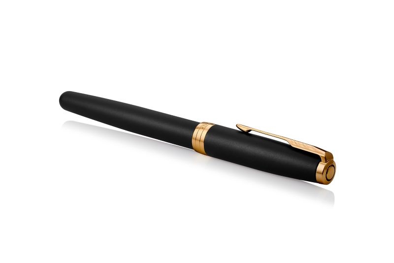 PARKER Penna Rollerball Sonnet - Nero Opaco con Bordo Dorato, Inchiostro Nero a Punta Fine, Confezione Regalo
