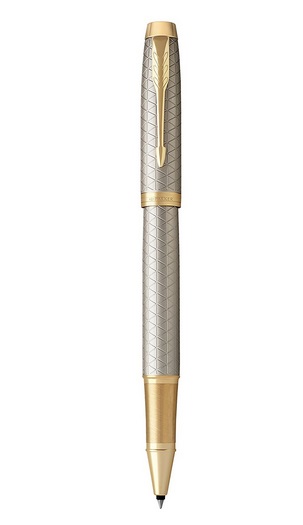 PARKER IM Premium Penna Roller Warm Grey - Punta Fine con Ricarica di Inchiostro Nero e Finiture Golden Trim