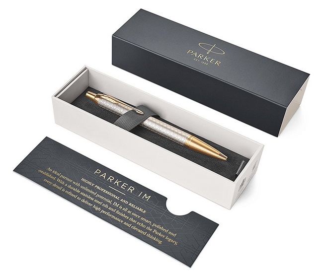 Parker Penna a Sfera IM Premium Warm Grey - Punta M, Inchiostro Blu, Design Sofisticato con Finiture Cromatiche, Ottone Laccato