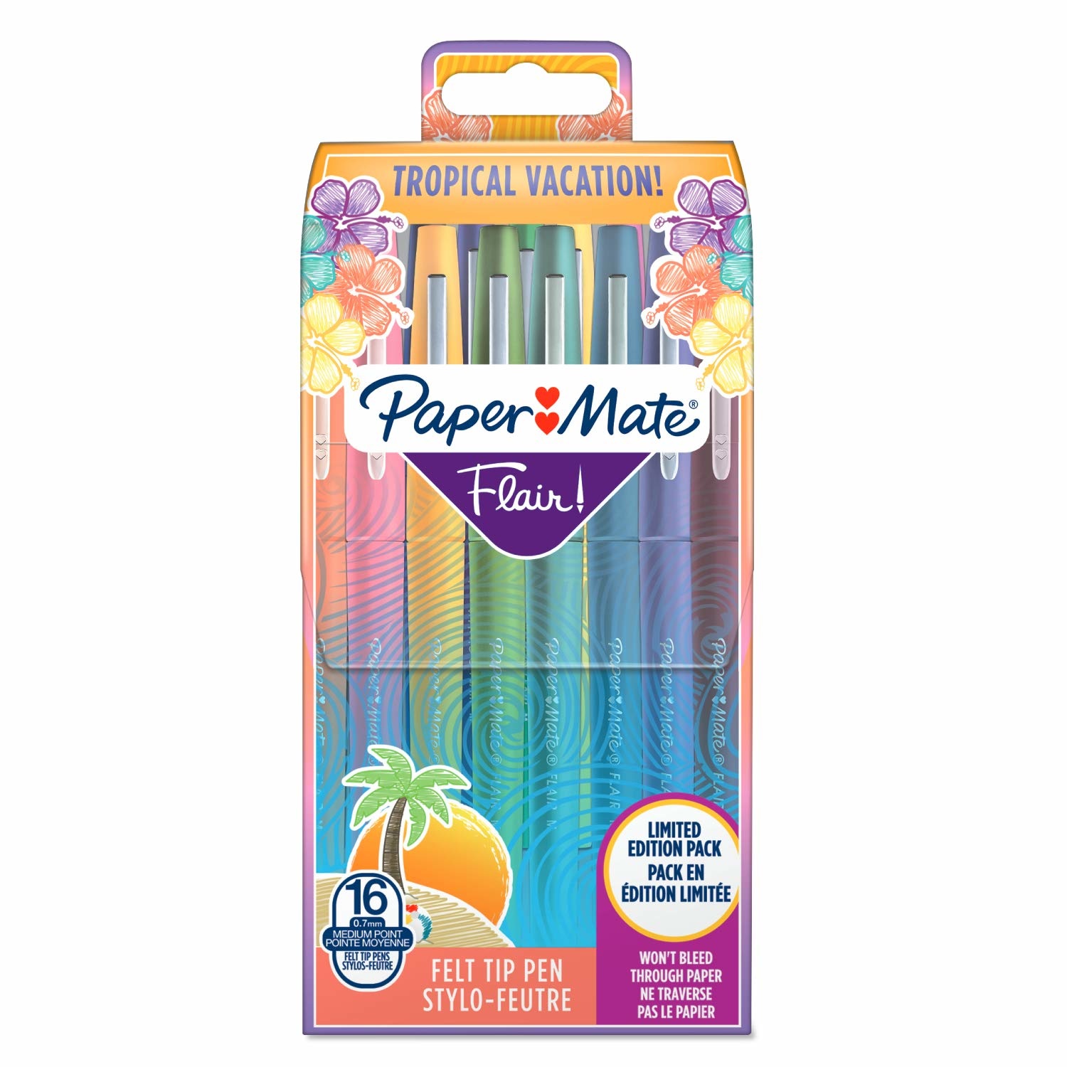 Papermate Pennarello Flair Nylon - Astuccio 16 Colori Assortiti Tropical - Inchiostro a Base d'Acqua