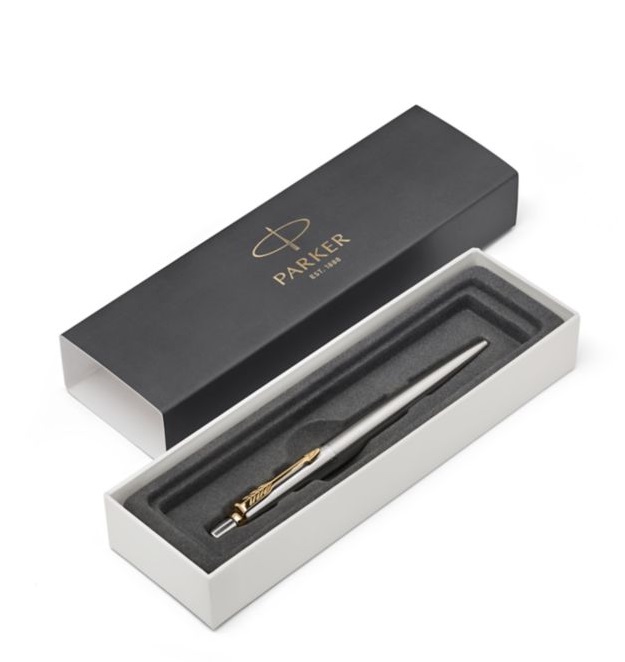 Parker Penna a Sfera Jotter Stainless Steel GT con Dettagli in Oro - Colore Blu - Tratto M - Confezione Regalo